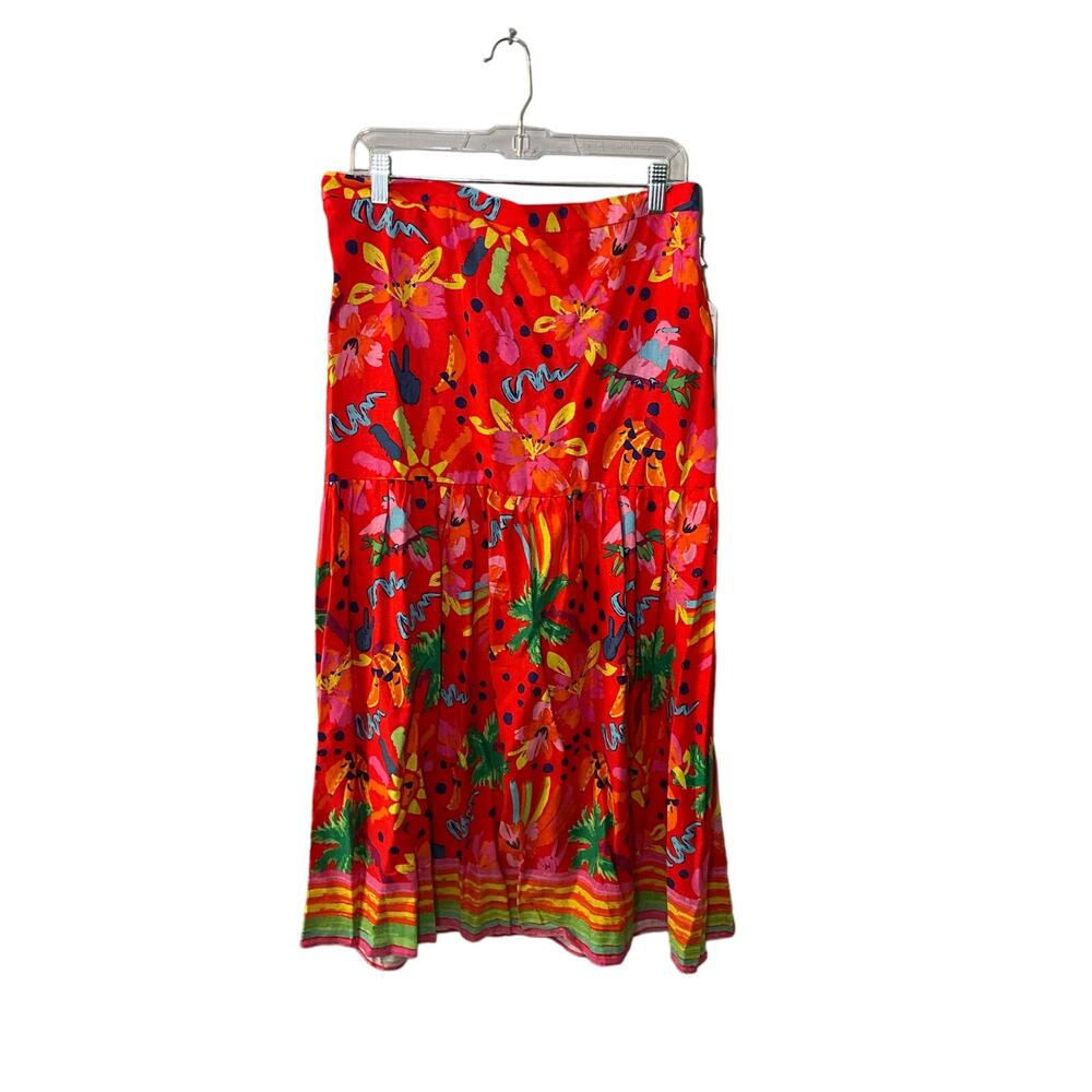 Maison D'Amelie Midi Skirt Linen Blend Floral Print Tiered Pull-On Red Sz L NWT